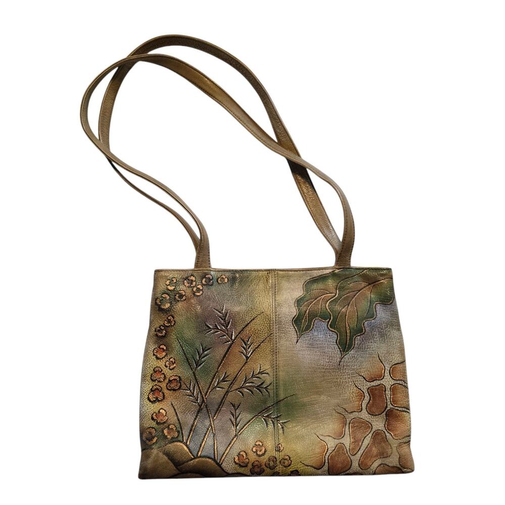 Anuschka Hand-Painted Leather Handbag Purse LG Animal Print Floral Art-to-wear